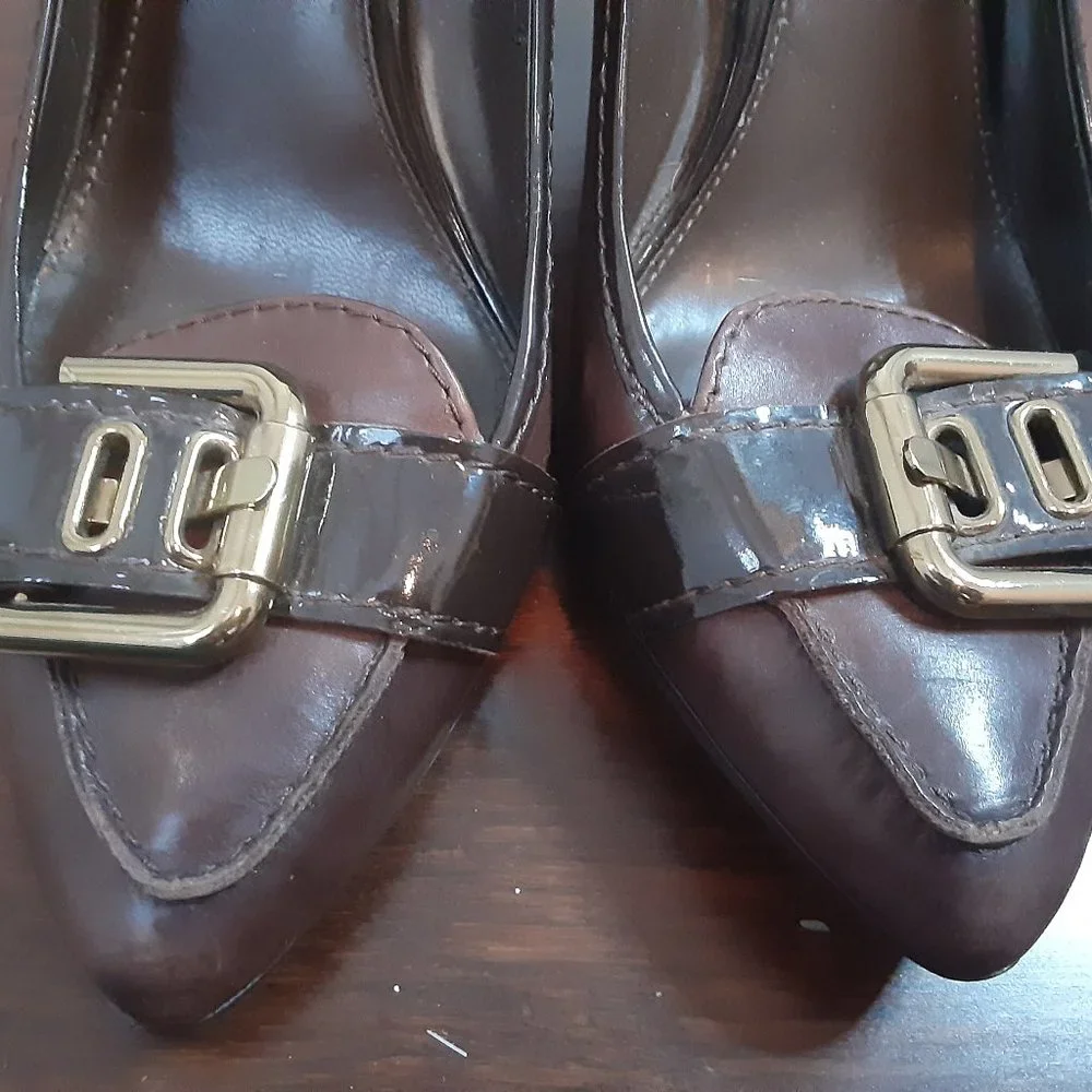 Via Spiga pointy buckled toe 2-tone brown leather high heels